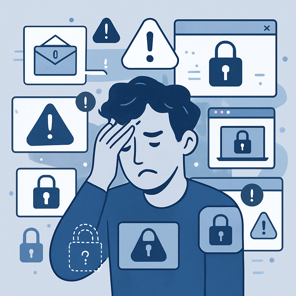 Illustrazione di una persona sopraffatta da notifiche e avvisi di sicurezza informatica, che rappresentano il sovraccarico di informazioni.