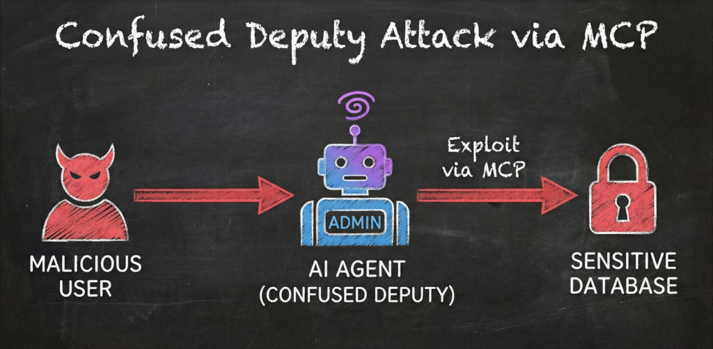 Diagramma tecnico attacco Confused Deputy su Model Context Protocol.