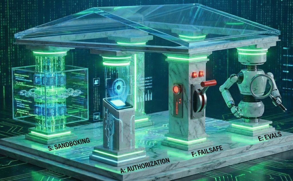 I 4 Pilastri del Framework SAFE per la sicurezza AI: Sandboxing, Authorization, Failsafe, Evals.